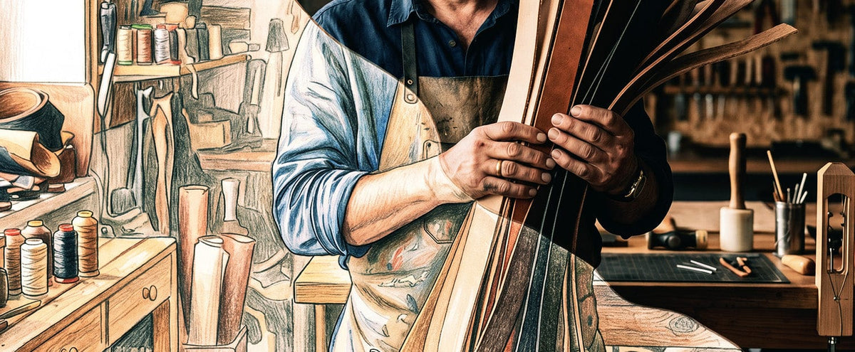Artesano con láminas de cuero natural en el taller de marroquinería