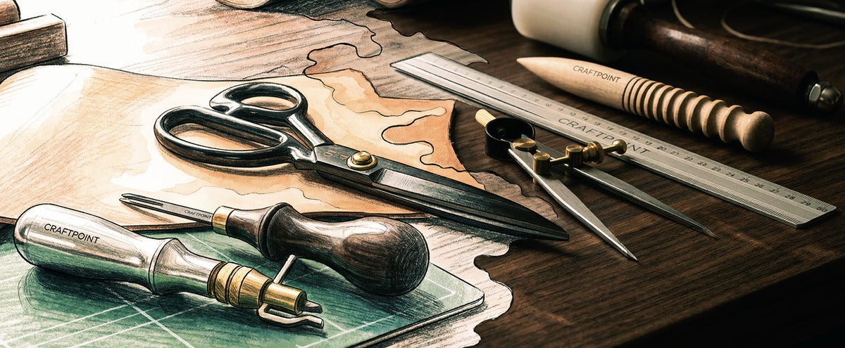 Herramientas de marroquinería CraftPoint: tijeras, compás de trazado, regla y lezna sobre la mesa